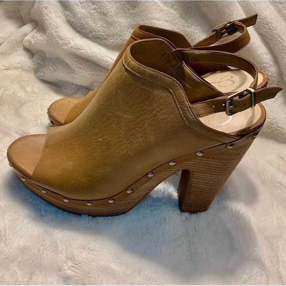 Jessica Simpson Pumps Sz 9.5 Daine Leather Tan Camel Open-Toe High Heels Straps